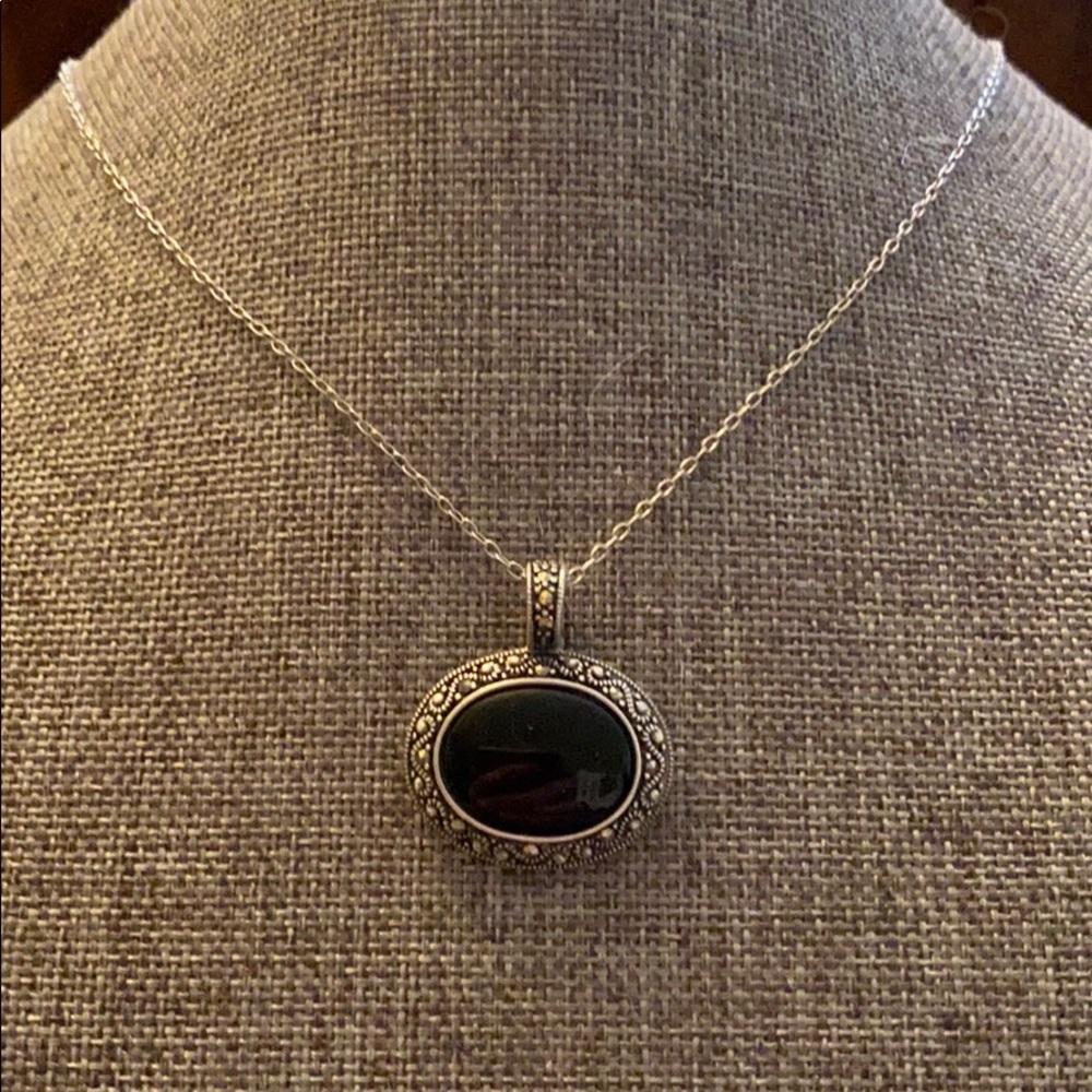 S s black onyx’s end Marcasites stone necklace - Picture 1 of 5